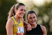 9 July 2025; Phil Healy of Ireland, right, and Rachel McCann of Ireland after competing in the Bridgewater Construction Women's 200m during the Cork City Sports meet at MTU Arena in Cork. Photo by Sam Barnes/Sportsfile