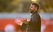 9 July 2025; Linfield manager David Healy reacts during the UEFA Champions League First Qualifying Round first leg match between Shelbourne and Linfield at Tolka Park in Dublin. Photo by Seb Daly/Sportsfile