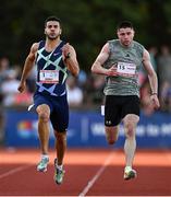 9 July 2025; Adam Gemili of Great Britain, left, and Colin Doyle of Ireland compete in the CETB Men's 200m Race during the Cork City Sports meet at MTU Arena in Cork. Photo by Sam Barnes/Sportsfile