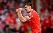 9 July 2025; Sean Boyd of Shelbourne celebrates after his side scores their first goal, scored by Mipo Odubeko, not pictured, during the UEFA Champions League First Qualifying Round first leg match between Shelbourne and Linfield at Tolka Park in Dublin. Photo by Seb Daly/Sportsfile