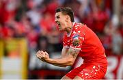 9 July 2025; Sean Boyd of Shelbourne celebrates after his side scores their first goal, scored by Mipo Odubeko, not pictured, during the UEFA Champions League First Qualifying Round first leg match between Shelbourne and Linfield at Tolka Park in Dublin. Photo by Seb Daly/Sportsfile
