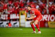 9 July 2025; Sean Boyd of Shelbourne celebrates after his side scores their first goal, scored by Mipo Odubeko, not pictured, during the UEFA Champions League First Qualifying Round first leg match between Shelbourne and Linfield at Tolka Park in Dublin. Photo by Seb Daly/Sportsfile