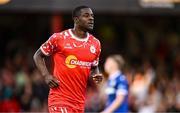 9 July 2025; Mipo Odubeko of Shelbourne celebrates after scoring his side's first goal during the UEFA Champions League First Qualifying Round first leg match between Shelbourne and Linfield at Tolka Park in Dublin. Photo by Ben McShane/Sportsfile