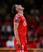 9 July 2025; Sean Boyd of Shelbourne reacts after missing an opportunity on goal during the UEFA Champions League First Qualifying Round first leg match between Shelbourne and Linfield at Tolka Park in Dublin. Photo by Ben McShane/Sportsfile