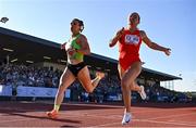 9 July 2025; Sarah Leahy of Ireland, left, and Molly Scott of Ireland compete in the Centra Women's 100m during the Cork City Sports meet at MTU Arena in Cork. Photo by Sam Barnes/Sportsfile