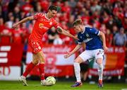 9 July 2025; Sean Boyd of Shelbourne in action against Matthew Orr of Linfield during the UEFA Champions League First Qualifying Round first leg match between Shelbourne and Linfield at Tolka Park in Dublin. Photo by Seb Daly/Sportsfile