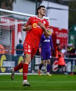 9 July 2025; Sean Boyd of Shelbourne reacts to a missed opportunity on goal during the UEFA Champions League First Qualifying Round first leg match between Shelbourne and Linfield at Tolka Park in Dublin. Photo by Ben McShane/Sportsfile