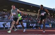 9 July 2025; Colin Doyle of Ireland, centre, crosses the finish line to win the SuperValu Men's 100m Race 1 during the Cork City Sports meet at MTU Arena in Cork. Photo by Sam Barnes/Sportsfile