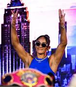 9 July 2025; Amanda Serrano during a press conference, held at The Theater at Madison Square Garden in New York, USA, ahead of her undisputed super lightweight championship fight with Katie Taylor on July 11th at Madison Square Garden in New York. Photo by Stephen McCarthy/Sportsfile