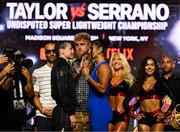 9 July 2025; Katie Taylor, left, and Amanda Serrano with Jake Paul, co-Founder of Most Valuable Promotions, during a press conference, held at The Theater at Madison Square Garden in New York, USA, ahead of their undisputed super lightweight championship fight on July 11th at Madison Square Garden in New York. Photo by Stephen McCarthy/Sportsfile