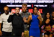 9 July 2025; Katie Taylor, left, and Amanda Serrano with Jake Paul, co-Founder of Most Valuable Promotions, during a press conference, held at The Theater at Madison Square Garden in New York, USA, ahead of their undisputed super lightweight championship fight on July 11th at Madison Square Garden in New York. Photo by Stephen McCarthy/Sportsfile