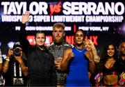 9 July 2025; Katie Taylor, left, and Amanda Serrano with Jake Paul, co-Founder of Most Valuable Promotions, during a press conference, held at The Theater at Madison Square Garden in New York, USA, ahead of their undisputed super lightweight championship fight on July 11th at Madison Square Garden in New York. Photo by Stephen McCarthy/Sportsfile