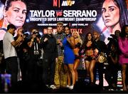 9 July 2025; Katie Taylor, left, and Amanda Serrano with Jake Paul, co-Founder of Most Valuable Promotions, during a press conference, held at The Theater at Madison Square Garden in New York, USA, ahead of their undisputed super lightweight championship fight on July 11th at Madison Square Garden in New York. Photo by Stephen McCarthy/Sportsfile