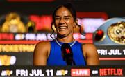 9 July 2025; Amanda Serrano during a press conference, held at The Theater at Madison Square Garden in New York, USA, ahead of her undisputed super lightweight championship fight with Katie Taylor on July 11th at Madison Square Garden in New York. Photo by Stephen McCarthy/Sportsfile