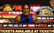 9 July 2025; Amanda Serrano during a press conference, held at The Theater at Madison Square Garden in New York, USA, ahead of her undisputed super lightweight championship fight with Katie Taylor on July 11th at Madison Square Garden in New York. Photo by Stephen McCarthy/Sportsfile