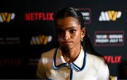 9 July 2025; Ramla Ali during a press conference, held at The Theater at Madison Square Garden in New York, USA, ahead of her super bantamweight bout with Lila Furtado on July 11th at Madison Square Garden in New York. Photo by Stephen McCarthy/Sportsfile