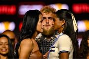 9 July 2025; Ramla Ali, right, and Lila Furtado with Jake Paul, co-Founder of Most Valuable Promotions, during a press conference, held at The Theater at Madison Square Garden in New York, USA, ahead of their super bantamweight bout on July 11th at Madison Square Garden in New York. Photo by Stephen McCarthy/Sportsfile