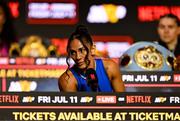 9 July 2025; Amanda Serrano during a press conference, held at The Theater at Madison Square Garden in New York, USA, ahead of her undisputed super lightweight championship fight with Katie Taylor on July 11th at Madison Square Garden in New York. Photo by Stephen McCarthy/Sportsfile
