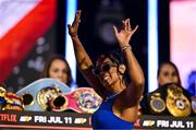 9 July 2025; Amanda Serrano during a press conference, held at The Theater at Madison Square Garden in New York, USA, ahead of her undisputed super lightweight championship fight with Katie Taylor on July 11th at Madison Square Garden in New York. Photo by Stephen McCarthy/Sportsfile