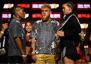 9 July 2025;  Shadasia Green, left, and Savannah Marshall with Jake Paul, co-Founder of Most Valuable Promotions, during a press conference, held at The Theater at Madison Square Garden in New York, USA, ahead of their IBF and WBO super middleweight championship fight on July 11th at Madison Square Garden in New York. Photo by Stephen McCarthy/Sportsfile
