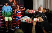 10 July 2025; Amanda Serrano with Nakisa Bidarian, co-Founder of Most Valuable Promotions, during the official commission weigh-in, held at the Kimpton Eventi Hotel in New York, USA, ahead of her undisputed super lightweight championship fight with Katie Taylor on July 11th at Madison Square Garden in New York. Photo by Stephen McCarthy/Sportsfile