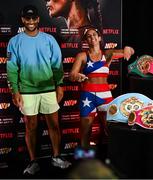 10 July 2025; Amanda Serrano with Nakisa Bidarian, co-Founder of Most Valuable Promotions, during the official commission weigh-in, held at the Kimpton Eventi Hotel in New York, USA, ahead of her undisputed super lightweight championship fight with Katie Taylor on July 11th at Madison Square Garden in New York. Photo by Stephen McCarthy/Sportsfile