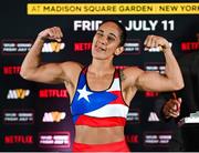 10 July 2025; Amanda Serrano during the official commission weigh-in, held at the Kimpton Eventi Hotel in New York, USA, ahead of her undisputed super lightweight championship fight with Katie Taylor on July 11th at Madison Square Garden in New York. Photo by Stephen McCarthy/Sportsfile