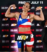10 July 2025; Amanda Serrano during the official commission weigh-in, held at the Kimpton Eventi Hotel in New York, USA, ahead of her undisputed super lightweight championship fight with Katie Taylor on July 11th at Madison Square Garden in New York. Photo by Stephen McCarthy/Sportsfile