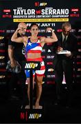 10 July 2025; Amanda Serrano during the official commission weigh-in, held at the Kimpton Eventi Hotel in New York, USA, ahead of her undisputed super lightweight championship fight with Katie Taylor on July 11th at Madison Square Garden in New York. Photo by Stephen McCarthy/Sportsfile
