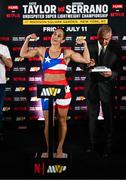 10 July 2025; Amanda Serrano during the official commission weigh-in, held at the Kimpton Eventi Hotel in New York, USA, ahead of her undisputed super lightweight championship fight with Katie Taylor on July 11th at Madison Square Garden in New York. Photo by Stephen McCarthy/Sportsfile