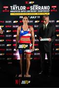 10 July 2025; Amanda Serrano during the official commission weigh-in, held at the Kimpton Eventi Hotel in New York, USA, ahead of her undisputed super lightweight championship fight with Katie Taylor on July 11th at Madison Square Garden in New York. Photo by Stephen McCarthy/Sportsfile