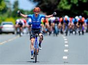 10 July 2025; Jack Ray of Hot Tubes winning Stage 3 of 2025 Junior Tour of Ireland from Ennis to Gort. Photo by Stephen McMahon/Sportsfile