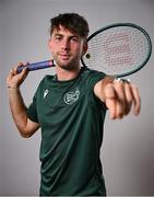 10 July 2025; Tennis player Connor Gannon, from Leopardstown in Dublin, representing University of Memphis and Ireland, poses for a portrait during the Team Ireland 2025 World University Games Announcement at Technological University Dublin, Grangegorman in Dublin. Photo by Shauna Clinton/Sportsfile