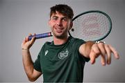 10 July 2025; Tennis player Connor Gannon, from Leopardstown in Dublin, representing University of Memphis and Ireland, poses for a portrait during the Team Ireland 2025 World University Games Announcement at Technological University Dublin, Grangegorman in Dublin. Photo by Shauna Clinton/Sportsfile
