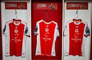 10 July 2025; The St Patrick's Athletic jerseys of, from left, Zach Elbouzedi, Jamie Lennon and Chris Forrester are seen in the dressing room before the UEFA Conference League First Qualifying Round first leg match between St Patrick's Athletic and FC Hegelmann at Richmond Park in Dublin. Photo by Ben McShane/Sportsfile