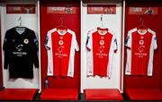 10 July 2025; The St Patrick's Athletic jerseys of, from left, goalkeeper Joseph Anang, Ryan McLaughlin, Al-Amin Kazeem and Axel Sjoberg are seen in the dressing room before the UEFA Conference League First Qualifying Round first leg match between St Patrick's Athletic and FC Hegelmann at Richmond Park in Dublin. Photo by Ben McShane/Sportsfile