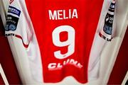 10 July 2025; The jersey of Mason Melia of St Patrick's Athletic is seen in the dressing room before before the UEFA Conference League First Qualifying Round first leg match between St Patrick's Athletic and FC Hegelmann at Richmond Park in Dublin. Photo by Ben McShane/Sportsfile