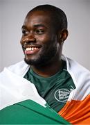 10 July 2025; Athlete Toluwabori Akinola poses for a portait during the Team Ireland 2025 World University Games Announcement at Technological University Dublin, Grangegorman in Dublin. Photo by Shauna Clinton/Sportsfile