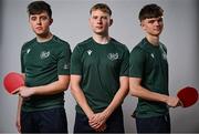 10 July 2025; Table tennis players, from left, Joe Sheard, from Portadown in Armagh, representing Queen's University Belfast, Cillian Kirby, from Trim in Meath, representing University of Galway and Ireland, and Adam Faulkner, from Ballymoney in Antrim, representing Queen's University Belfast and Ireland, pose for a portait during the Team Ireland 2025 World University Games Announcement at Technological University Dublin, Grangegorman in Dublin. Photo by Shauna Clinton/Sportsfile