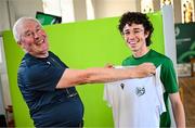 10 July 2025; Athlete Oisín Lane, from Ballymore in Westmeath, representing University of Limerick and Ireland, with his father and coach Michael Lane during the Team Ireland 2025 World University Games Announcement at Technological University Dublin, Grangegorman in Dublin. Photo by Seb Daly/Sportsfile