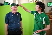 10 July 2025; Athlete Oisín Lane, from Ballymore in Westmeath, representing University of Limerick and Ireland, with his father and coach Michael Lane during the Team Ireland 2025 World University Games Announcement at Technological University Dublin, Grangegorman in Dublin. Photo by Seb Daly/Sportsfile