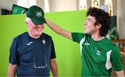10 July 2025; Athlete Oisín Lane, from Ballymore in Westmeath, representing University of Limerick and Ireland, with his father and coach Michael Lane during the Team Ireland 2025 World University Games Announcement at Technological University Dublin, Grangegorman in Dublin. Photo by Seb Daly/Sportsfile
