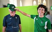 10 July 2025; Athlete Oisín Lane, from Ballymore in Westmeath, representing University of Limerick and Ireland, with his father and coach Michael Lane during the Team Ireland 2025 World University Games Announcement at Technological University Dublin, Grangegorman in Dublin. Photo by Seb Daly/Sportsfile