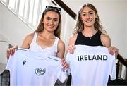 10 July 2025; Athletes Ava O'Connor, from Emo in Laois, respresenting Adams State University and Ireland, left, and Laura Nicholson, from Ballinascarthy in Cork, representing University of Toldeo and Ireland, during the Team Ireland 2025 World University Games Announcement at Technological University Dublin, Grangegorman in Dublin. Photo by Seb Daly/Sportsfile