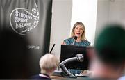 10 July 2025; Team Ireland head of delegation Niamh O'Callaghan speaking during the Team Ireland 2025 World University Games Announcement at Technological University Dublin, Grangegorman in Dublin. Photo by Seb Daly/Sportsfile
