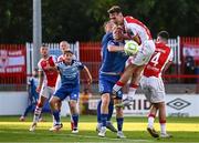 10 July 2025; Mason Melia of St Patrick's Athletic in action against Domantas Antanavicius of FC Hegelmann during the UEFA Conference League First Qualifying Round first leg match between St Patrick's Athletic and FC Hegelmann at Richmond Park in Dublin. Photo by Ben McShane/Sportsfile
