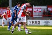 10 July 2025; Jay McClelland of St Patrick's Athletic reacts to a missed opportunity on goal during the UEFA Conference League First Qualifying Round first leg match between St Patrick's Athletic and FC Hegelmann at Richmond Park in Dublin. Photo by Ben McShane/Sportsfile
