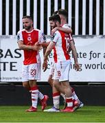 10 July 2025; Aidan Keena of St Patrick's Athletic, centre, celebrates with teammate after scoring their side's first goal during the UEFA Conference League First Qualifying Round first leg match between St Patrick's Athletic and FC Hegelmann at Richmond Park in Dublin. Photo by Ben McShane/Sportsfile