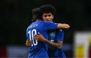 10 July 2025; Carlos Duke, right, and Patrick Popescu of FC Hegelmann during the UEFA Conference League First Qualifying Round first leg match between St Patrick's Athletic and FC Hegelmann at Richmond Park in Dublin. Photo by Ben McShane/Sportsfile