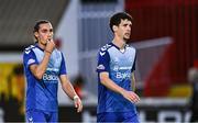 10 July 2025; Patrick Popescu, left, and Lazar Kojic of FC Hegelmann after the UEFA Conference League First Qualifying Round first leg match between St Patrick's Athletic and FC Hegelmann at Richmond Park in Dublin. Photo by Ben McShane/Sportsfile